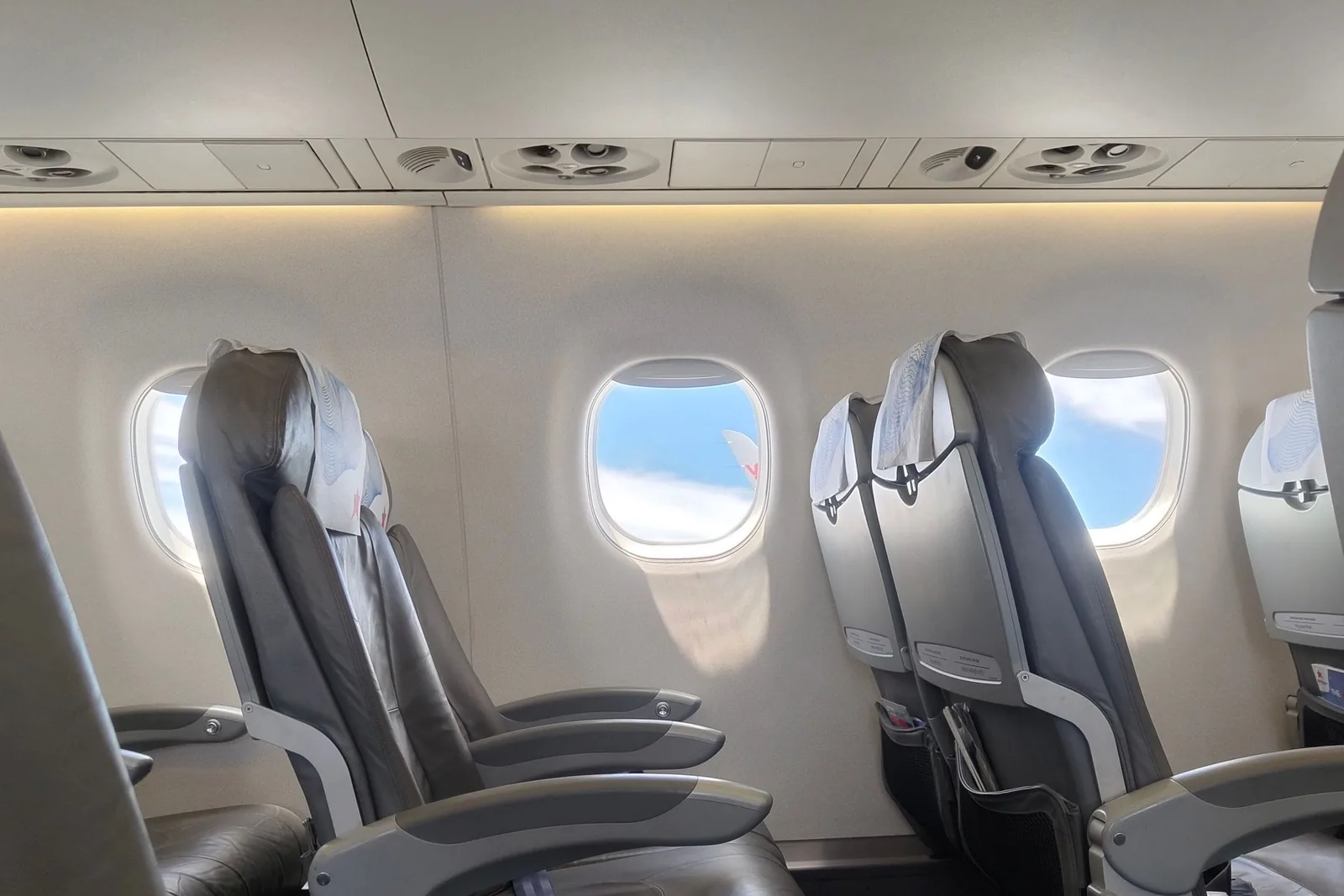Leere Ledersitze in einer Flugzeugkabine, Tageslicht durch die Fenster.