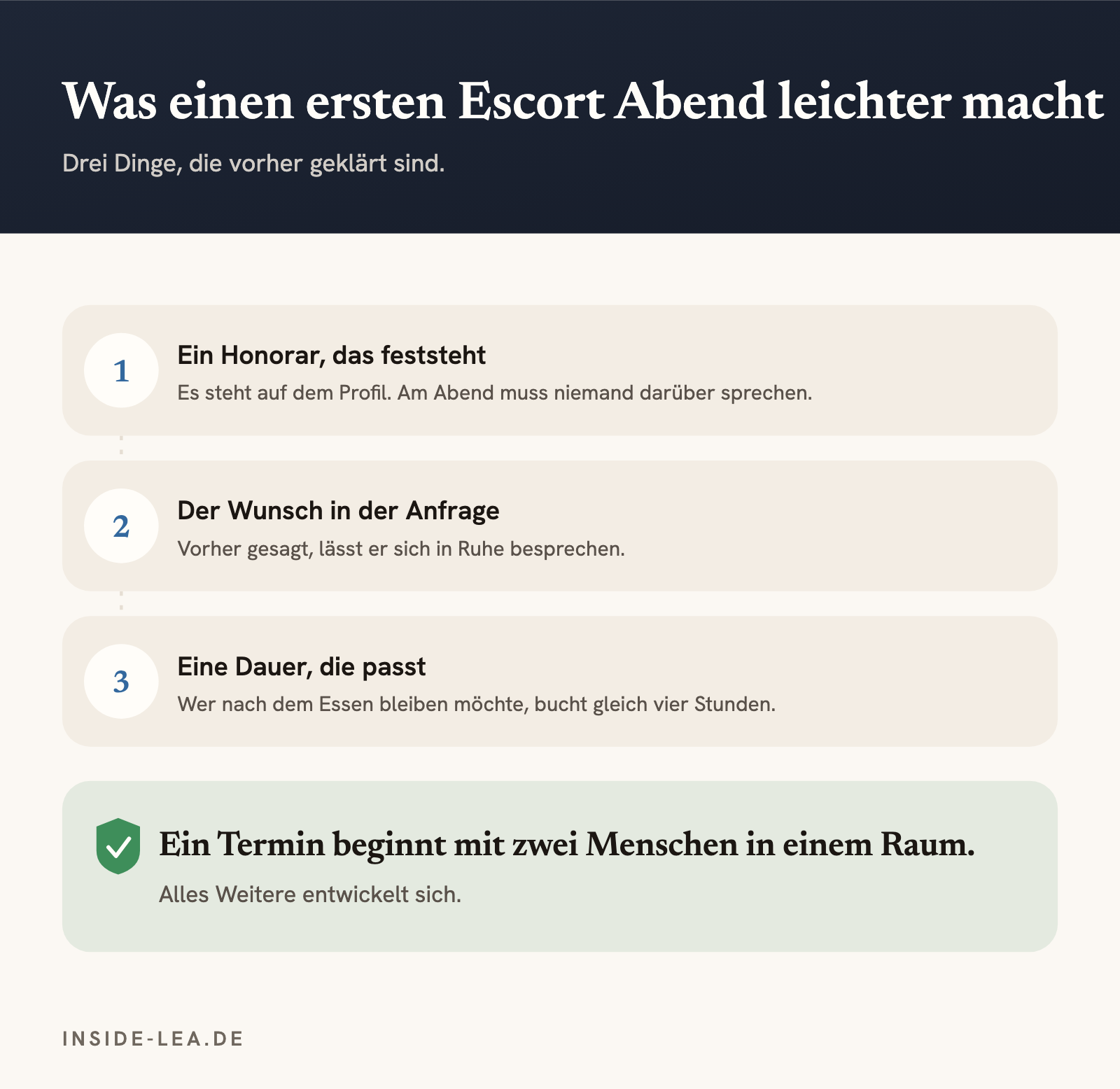 Drei Dinge für einen ersten Escort Abend: ein Honorar, das feststeht, der Wunsch in der Anfrage, eine Dauer, die passt.